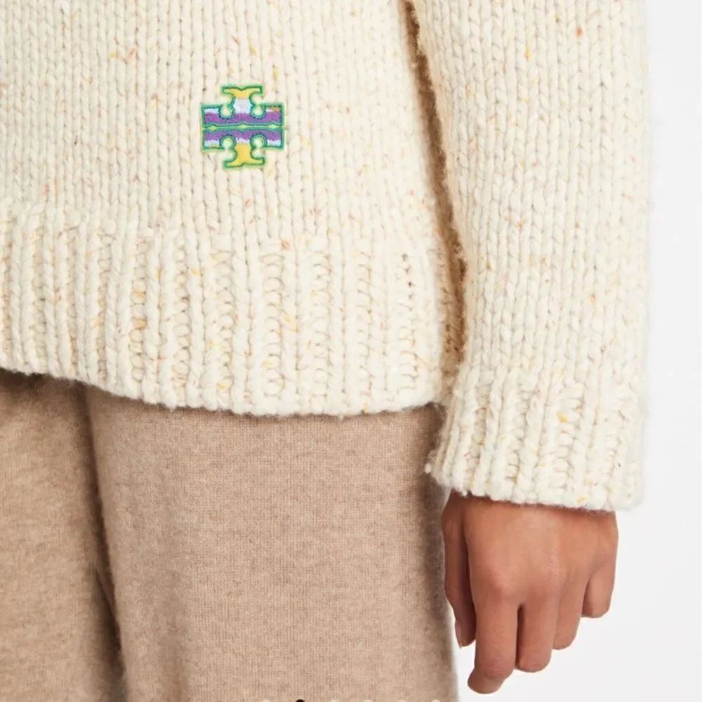 Tory Burch Speckled Hand Knit Wool Cotton Cream Dress Sweater Cowl Size M - Picture 5 of 13